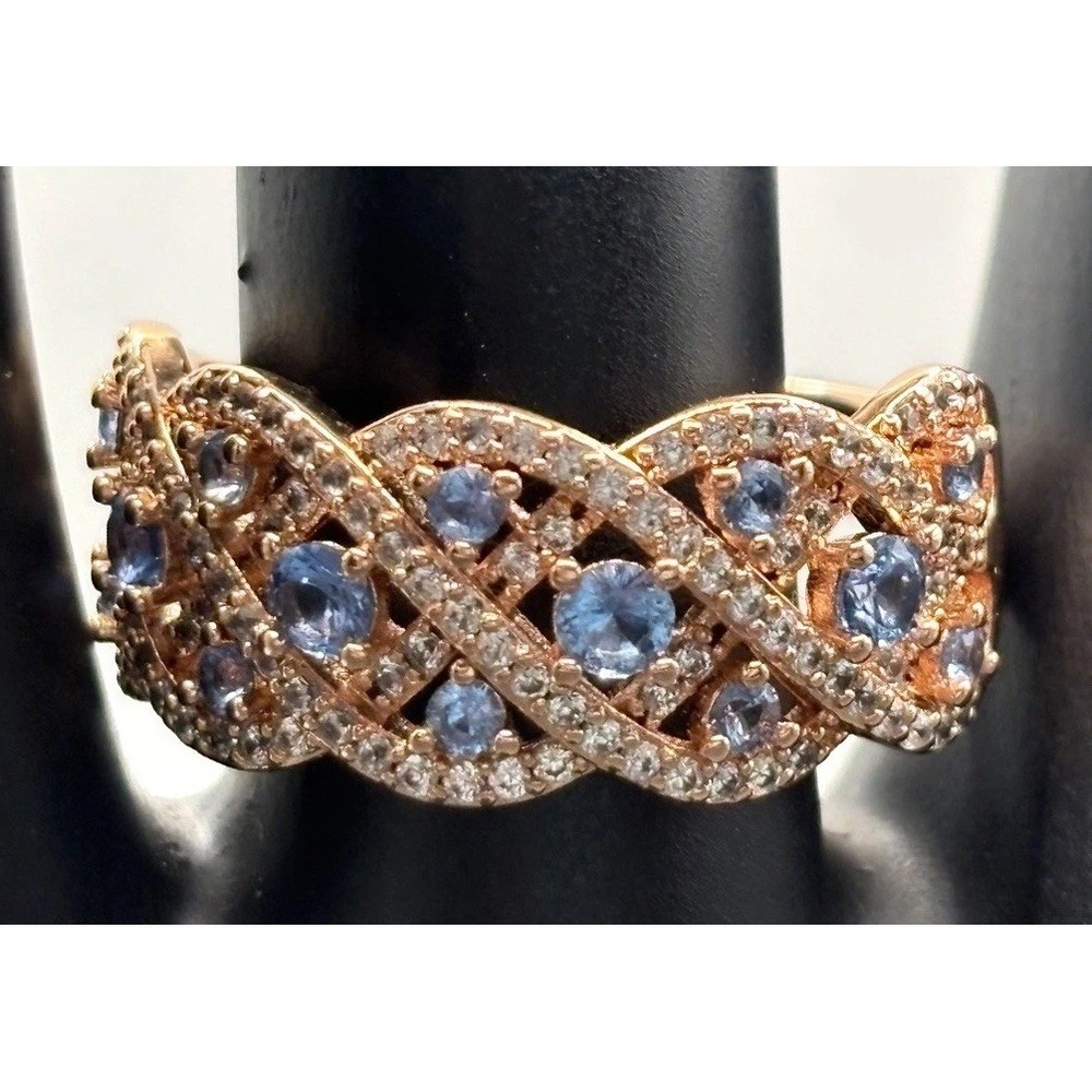 Bomb Party Blue Faux Sapphire Woven Wide Band Ring Rose Gold Tone Sz 11